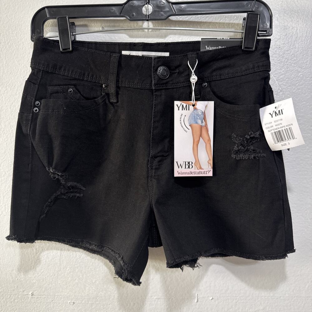 YMI Jean Short Juniors 3/26 Black Distressed Wanna Better Butt High Rise Raw Hem
